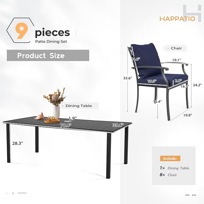 HAPPATIO 9-Piece Patio Dining Set, Outdoor Dining Set with Powder-Coated Metal,Dining Table with Umbrella Hole, 8 Stackable Chairs with Removable Cushions for Porch Poolside Garden,Navy Blue