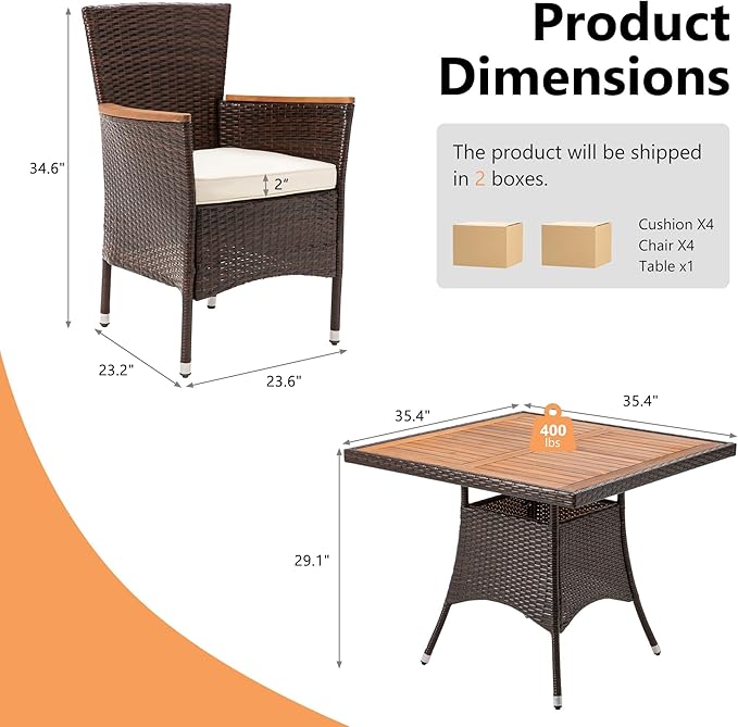 RoyalCraft 5 Piece Patio Wicker Dining Sets for 4, Water-Resistant Rattan Outdoor Dining Table and 4 Chairs with Wood Table Top, Conversation Set Removable Cushions for Deck, Garden, Backyard, Brown