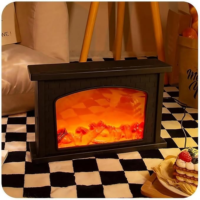 Simulated LED Fireplace Lantern USB & Battery Powered Flameless Light with Simulation Flame Table Decorative Lamp Mini Fireplace Ornament for Cozy Home Decor Free Standing Electric Log Burner