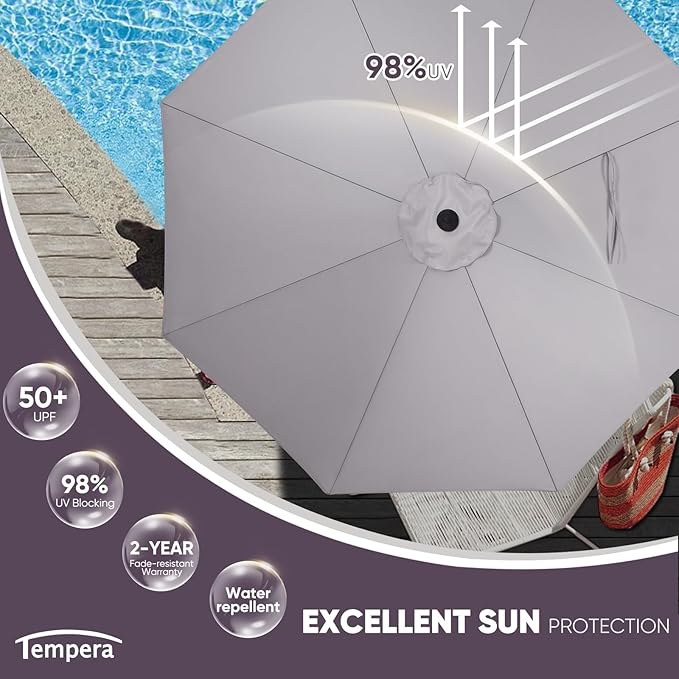 Tempera Patio Market Outdoor Table Umbrella with Push Button Tilt and Crank, Large Sun Umbrella with Sturdy Pole & Fade Resistant Canopy, Easy to Set
