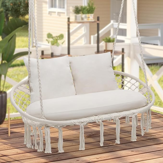 Double Hammock Chair for Indoor & Outdoor Use, Durable Woven Cotton Ropes & Iron Frame, Comfortable Seating for Patio Garden and Porch, 700 lbs Capacity, White