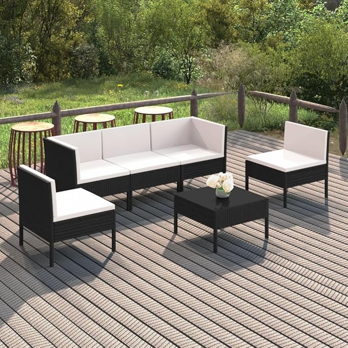 6 Piece Patio Lounge Set with Cushions,Patio Sofa,Outdoor Daybed,Patio Seating,Outdoor Furniture Sets,Patio Conversation Sets,Modern Set,Outdoor Patio Chairs,Patio Furniture Set, Poly Rattan Black