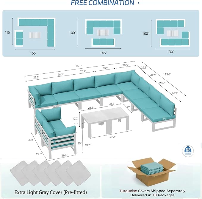 NICESOUL Extra Large Aluminum Patio Furniture Set with End Table, All-Weather 29" Wide Deep Seats Outdoor Sofa Conversation Set, Contemporary Sectional Couch for 10 Seats, for Garden, Turquoise