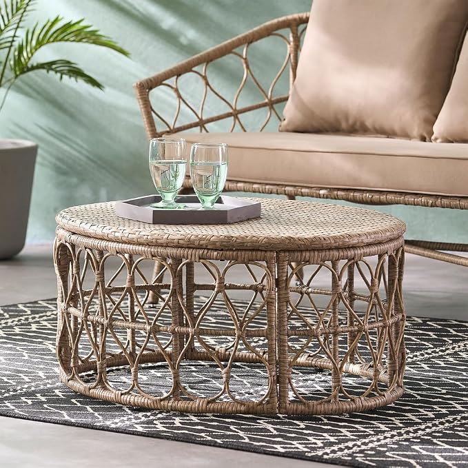 Outdoor Wicker Coffee Table, Circular Rattan Patio Table with Boho Design, PE Woven Outdoor Center Table for Backyard Patio Porch Deck, Durable All-Weather Frame, 32.5" Wide
