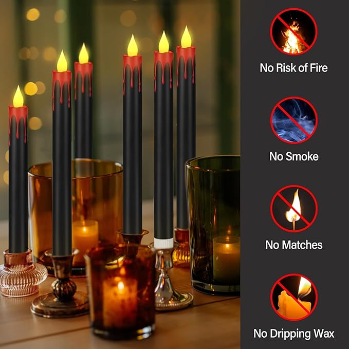 wemarry Flameless Taper Candles 10.6" Dripless Battery Operated Taper Candles Included Remote Timer 400+ Hours by 2AA Batteries for Halloween Christmas Wedding (Black+Burgundy, 6 Pack)