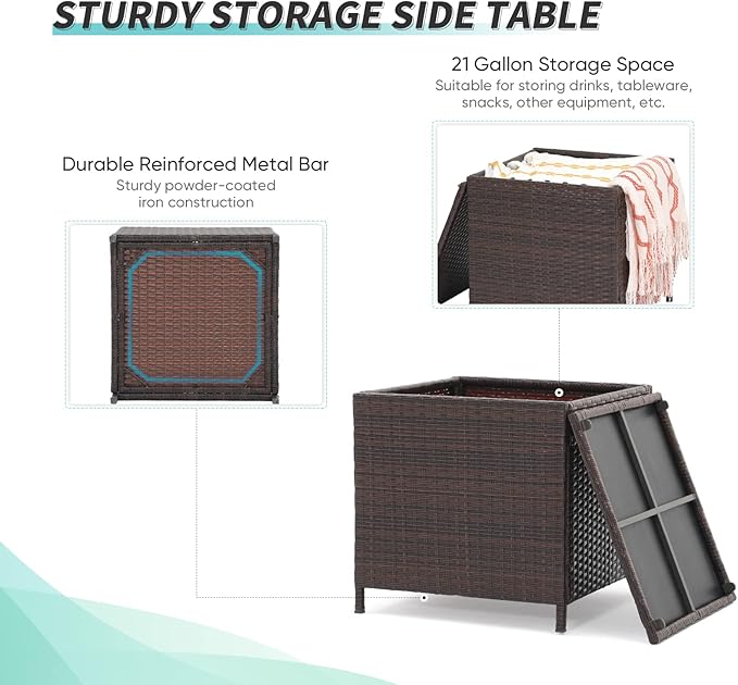 Verano Garden Outdoor Wicker Side Table Set of 2, Small Storage Rattan Wicker End Table, Square Resin Coffee Table for Garden Porch Deck Living Room Backyard