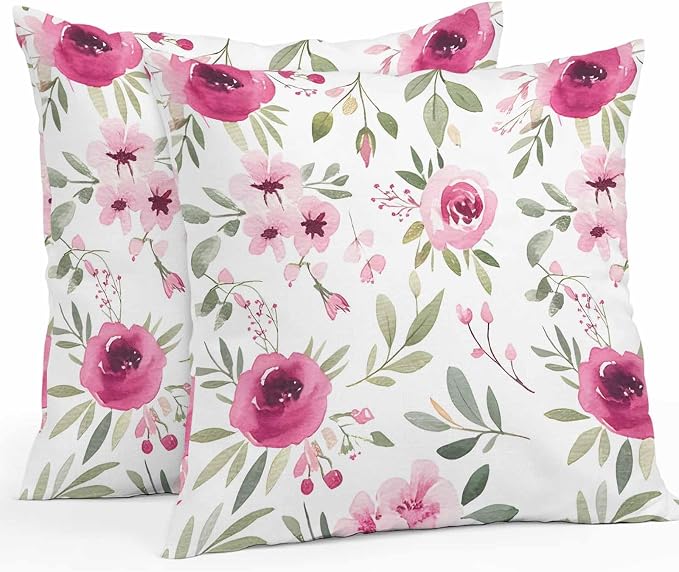 Vandarllin Outdoor Throw Pillows Covers 20x20 inch Set of 2 Waterproof Pink Flowers Decorative Zippered Cushion Covers for Patio Furniture, Floral Leaves Plant Lumbar Pillowcases