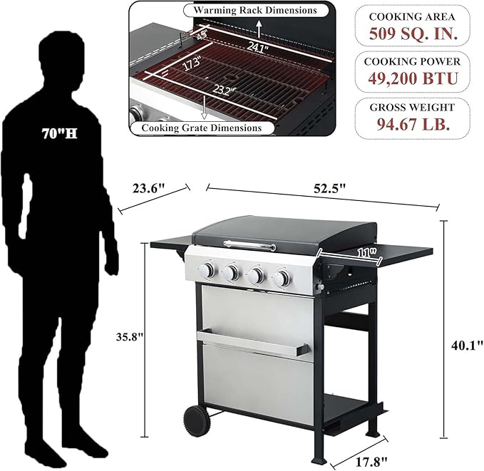 4-Burner Propane Gas BBQ Grill with Wire Enamel Cooking Grids&Plancha, 49,200 BTU Output Stainless Steel Grill with Foldable Side Table & Hanging Basket for Outdoor Backyard Barbecue