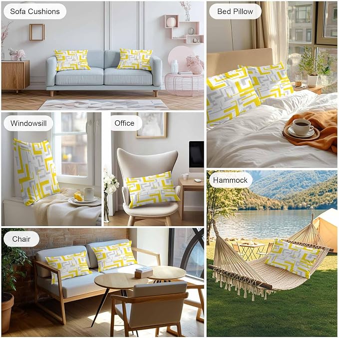 Geometric Outdoor Pillow Shams Set of 2, Decorative Pillowcases Cushion Case, Soft Throw Pillow Covers Waterproof Pillow Case 20x12 Inch, Abstract Lines Yellow Gray Modern Art