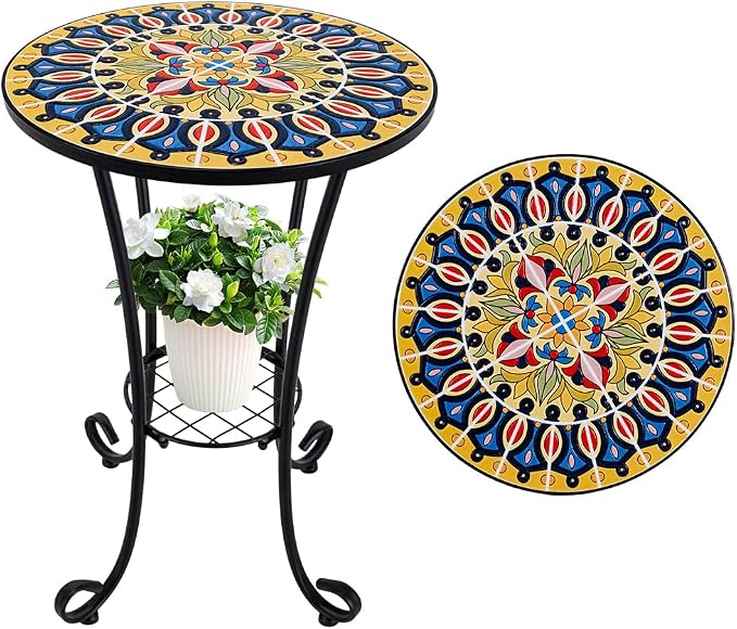 14 Inch Mosaic Patio Side Table with Scroll Legs, Indoor Outdoor Accent Round End Table with Ceramic Tile Tops for Yard, Garden, Living Room, Bistro, B - Grand Mandala