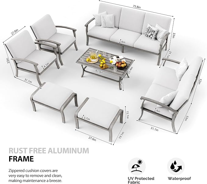 HAPPATIO 7 Piece Aluminum Patio Furniture Set, 3-Seat Outdoor Loveseat, Outdoor Sectional Sofa with Ottomans and Coffee Table, Garden Conversation Set with Armchairs for Lawn Deck (Gray)