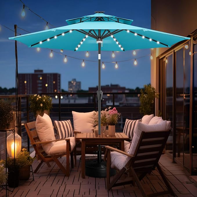 FLAME&SHADE 2 Tiers 9ft Solar Light Patio Umbrella, 40 LED lights outdoor umbrella with Centre Surround Light, Table Market Umbrella for Deck, Pool, Porch, Backyard, Garden (Aqua Blue)