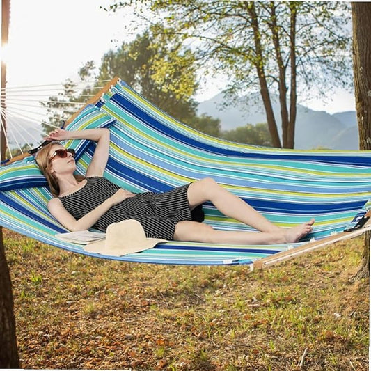 Beech Wood Foldable Patio Hammock with Detachable Pillow & Adjustable Chains, 55.5x75in, 265lb Capacity, Blue & Green Mix Color