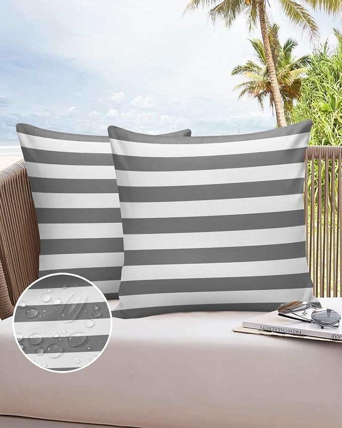 Outdoor Waterproof Pillow Covers for Patio Furniture Grey and White Stripes Decorative Throw Pillow Cover Solid Striped Pillowcases Set of 2 Cushion Case for Sofa Couch Chair 18 x 18 in