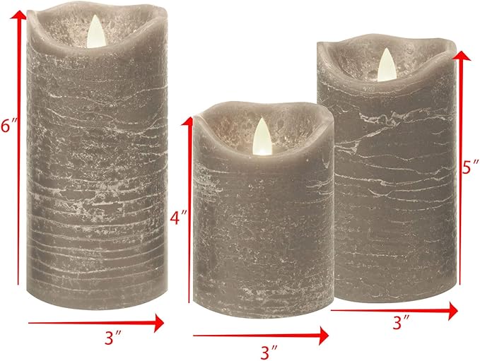 Battery Operated Flameless Candles with Remote Timer Real Wax Realistic Bright Flicker Flickering Electric Electronic LED Pillar Lights Home Wedding Party Decorations Set of 3 Rustic Texture Gray Grey