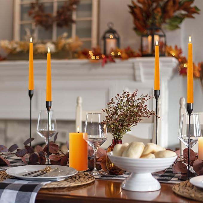 Orange Flameless Taper Candles, 9.6" Halloween Battery Operated Candles with Remote, Real Wax Fall Led Candle, Flickering Flameless Candlesticks for Fall, Thanksgiving, Harvest, Halloween Decor, 3 Pcs