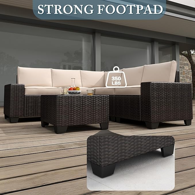 6 Pieces Patio Furniture Set, Outdoor Sectional Set of 6 w/Wide Armrest, Waterproof Wicker Conversation Set for Backyard, Deck, Beige