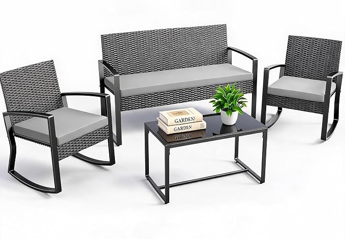 IDEALHOUSE Outside Patio Furniture Set, 4 Piece Outdoor Wicker Rocking Chair Conversation Set with Glass Coffee Table, PE Rattan Patio Furniture for Backyard, Porch, Patio, Poolside