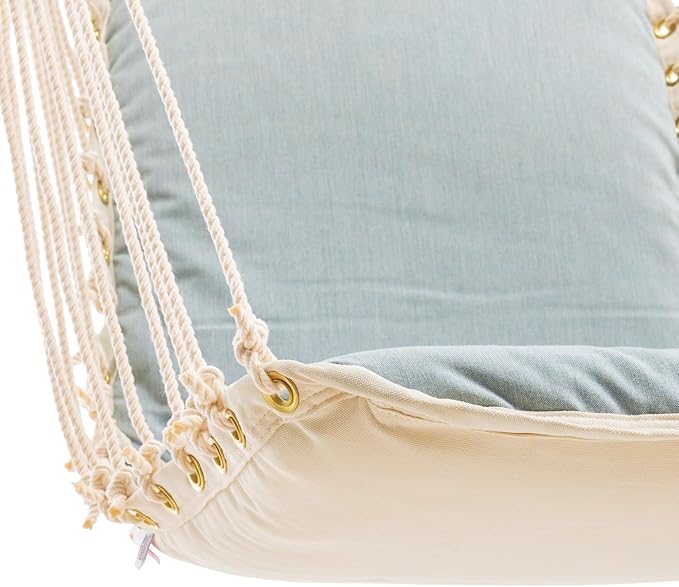 Original Pawleys Island Sunbrella Cushioned Single Swing – Cast Mist, Oak Spreader Bar, 350 lb Capacity, 24 in. x 24 in., Handcrafted in The USA