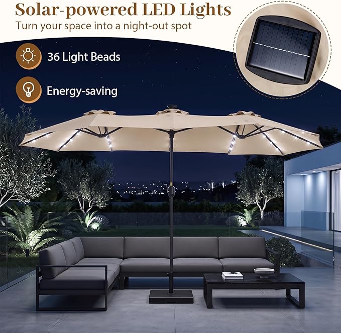 Tangkula 13 Ft Solar Patio Umbrella, Double-Sided Extra Large Outdoor Market Table Umbrella with 36 LED Lights, Crank Handle, 12 Sturdy Ribs for Poolside, Garden & Backyard (Beige)