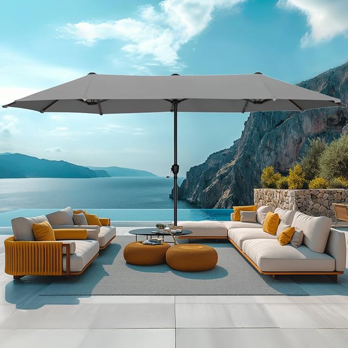 MFSTUDIO 13ft Outdoor Patio Umbrella, Double Sided Large Rectangular Umbrella Market Table Twin Triple Rectangle Umbrellas with Crank Handle for Outside Picnic Backyard Deck Pool (no base)