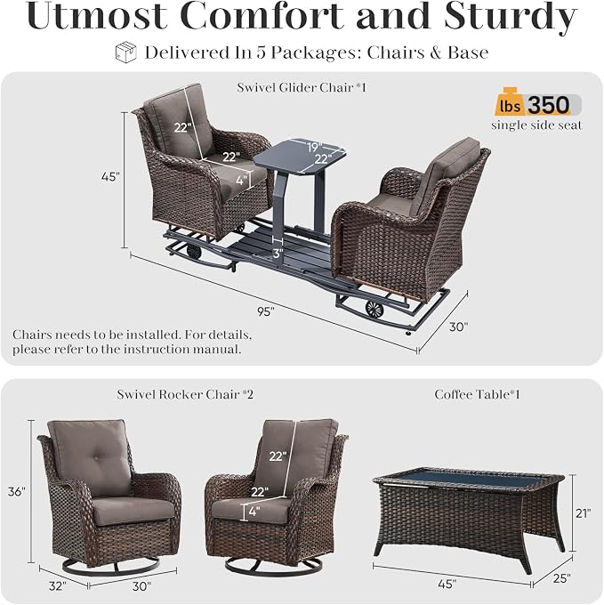 Rilyson Luxury Wicker Outdoor Conversation Set with Glider Rocker Chairs, 4 Pieces Patio Furniture Set with Rattan Swivel Rocker Chairs and Coffee Table All Weather Brown/Grey