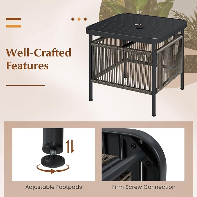 HAPPYGRILL Outdoor Side Table with Umbrella Hole 1.57”, Square Rattan Wicker Coffee Bistro End Table Umbrella Stand, for Backyard Poolside Garden (2)