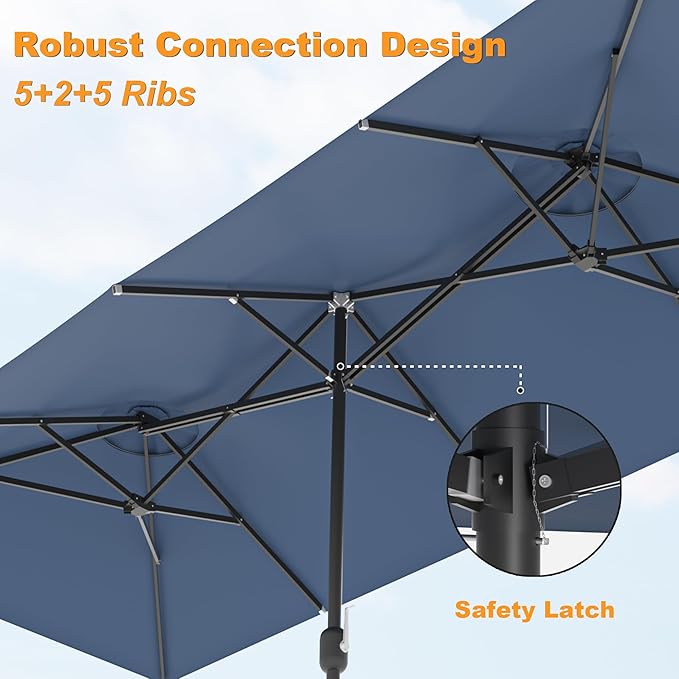 Kullavik 15FT Outdoor Patio Umbrella,Large Umbrella with 10 Heavy iron rib,sun umbrella with Crank Handle,Parasol for Poolside,Beach,Backyard,Navy Blue