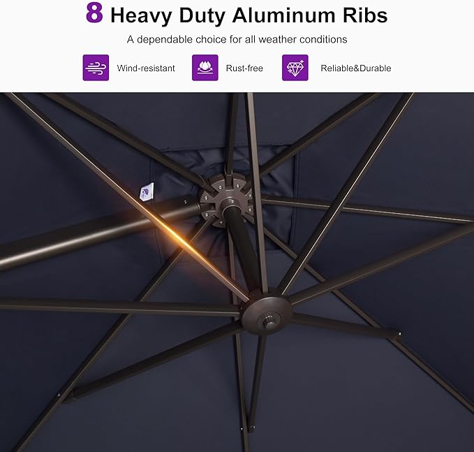 PURPLE LEAF 10' X 13' Patio Cantilever Umbrella Rectangle Umbrella Outdoor with Aluminum Offset Antique Bronze Hanging and 360° Rotation for Pool Garden Deck Patio, Navy Blue