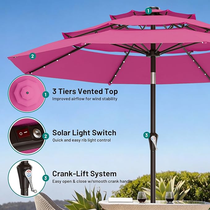 AreShark 9ft 3 Tiers Patio Umbrella with Solar Lights, Outdoor Umbrella w/ 32 LED Lights&8 Sturdy Ribs, Table Umbrella for Deck, Backyard, Pool (Rose Pink)