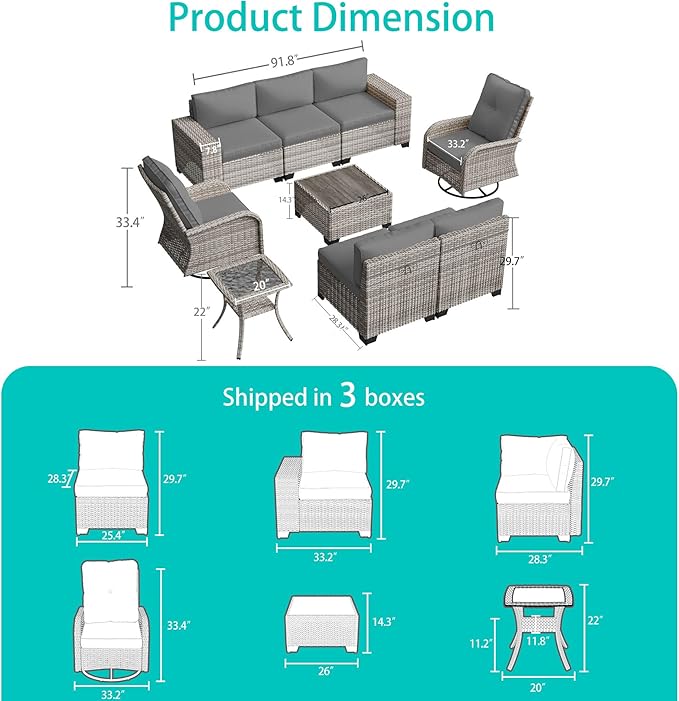 9-Piece Outdoor Patio Furniture Set with Rocking Swivel Chair Wicker Sectional Sofa Set, Patio Conversation Set with Thickened Cushions & Coffee Table for Garden, Backyard, Poolside, Grey