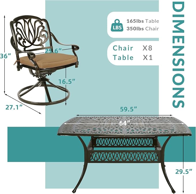 MEETWARM 9-Piece Outdoor Patio Dining Set for 8, All Weather Cast Aluminum Patio Funiture Table and Chairs Set- Large 64" Square Table and 8 Cushioned Swivel Rocker Chairs, 2.2" Umbrella Hole, Khaki