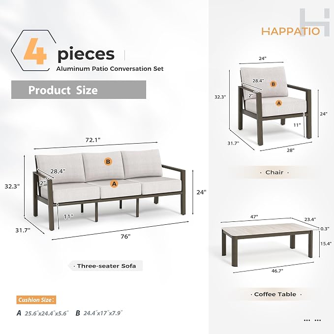 HAPPATIO Patio Conversation Set, 4-Piece Aluminum Oversized Patio Furniture Set with Rope Woven Backrest, 2 Chairs and 3-Seat Sofa with Thick Cushion, Hand-Brushed Frame for Yard, Porch, Balcony