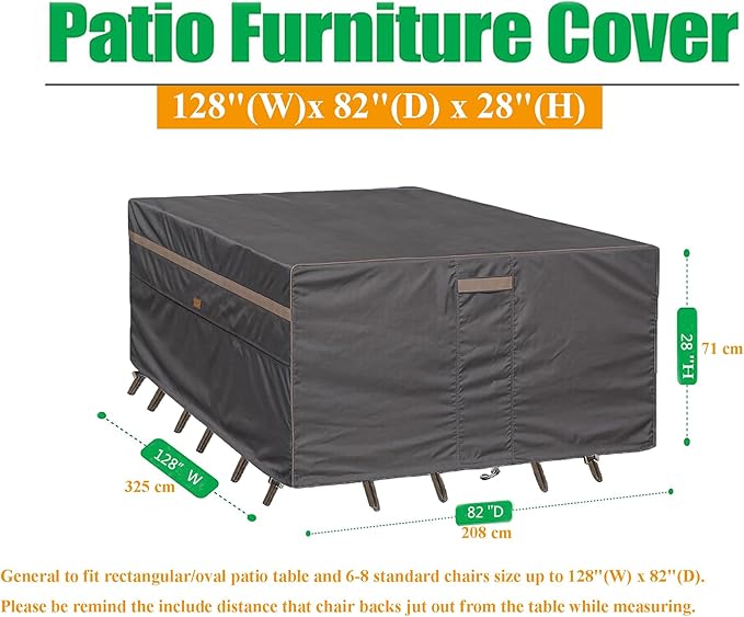 Heavy Duty Waterproof Patio Furniture Covers UV Resistant Rectangular Outdoor Table and Chair Covers 128" Wx 82" D x 28" H Dark Grey