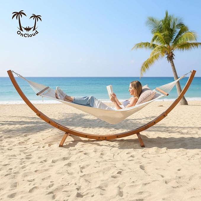 ONCLOUD Premium Double Hammock Set with Curved Hardwood Stand - 10.5ft Outdoor Relaxation System (400lb Capacity)
