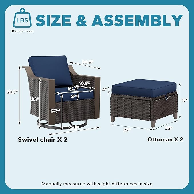 Patio Metal Wicker Swivel Chairs with Ottomans Set of 2, Conversation Furniture Set - 360 Degree Glider Rocker Chairs | 2 Wicker Ottomans, Washable Cushions, Metal armrests (Navy Blue)