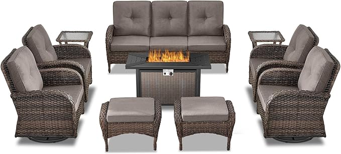 Belord Expansive 10 Pieces Outdoor Patio Furniture Set with 43” Propane Fire Pit Table, Patio Conversation Set with Swivel Rocker Outdoor Chairs Set of 4 and Sofa, Ottoman and Wicker Side Table Brown