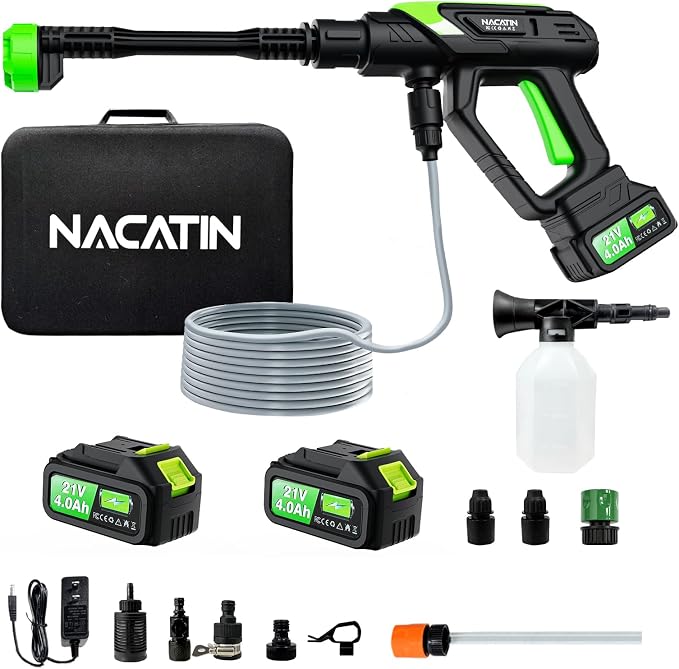 Cordless Washer, 5 Gear Brushless Washer for Car Washing, Patio, Fence, Driveway, Outdoor Cleaning， with 2 Batteries, 6 in 1 Nozzle, 6 Meter Hose, Tap Adapter