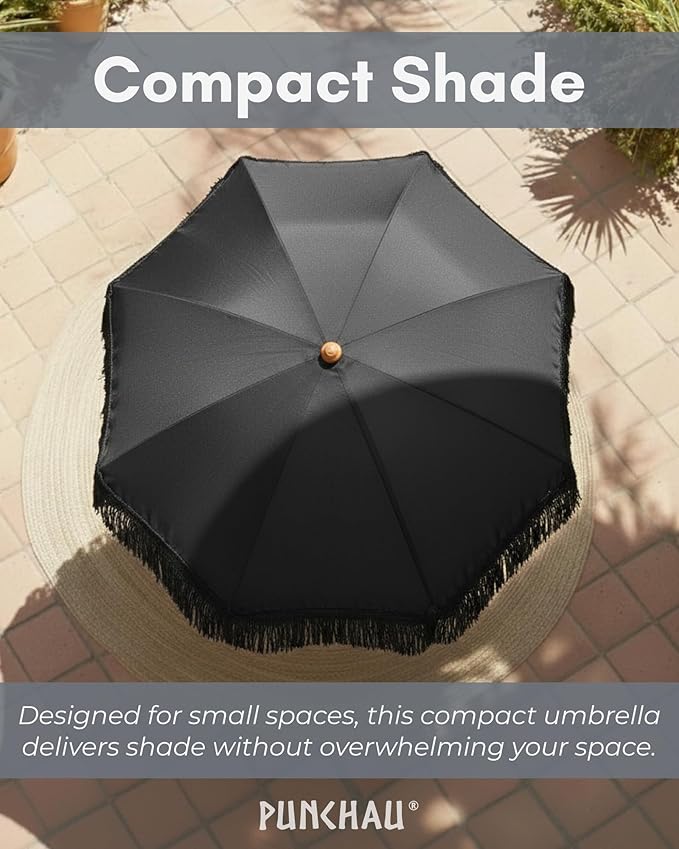 6 Ft Fringe Patio Umbrella - Outdoor Umbrella for Patio, Pool, Table, Garden, Deck, Beach, and Outdoors - Fashionable Boho Vintage Tassels & Wood Print - Push Button Tilt Pole