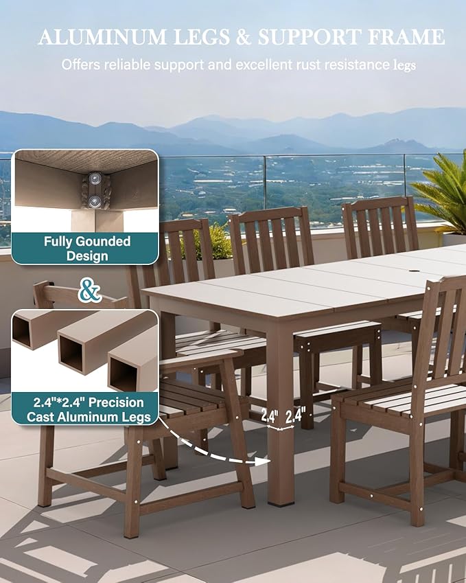 LOUNZY 9 Pieces Patio Dining Sets, Outdoor HDPE Furniture Set for 8 w/ 2" Hole Cut-Out Dining Table with 8 Patio Chairs(2 W/Armrest, 6 w/o Armrest), Brown