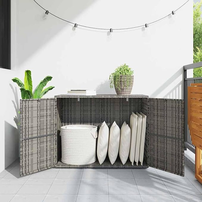 Gecheer Garden Storage Cabinet in Grey, 100 x 55.5 x 80 cm Poly Rattan Outdoor Deck Box with Waterproof Design and Steel Frame