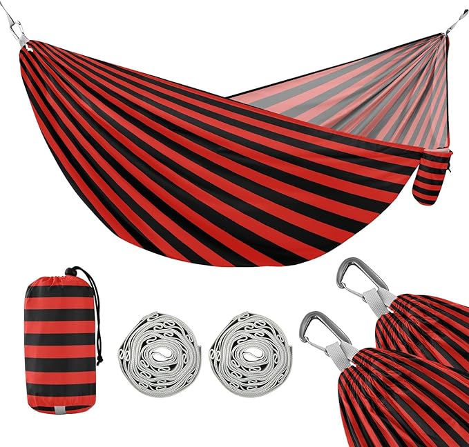 Camping Hammock Outdoor Hammocks for Outside Black Red Stripe Beach Trees Portable Lightweight with Pockets Tree Straps Indoor