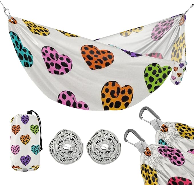 Cartoon Leopard Print Heart Colorful 330lb Capacity Outdoor Hammocks with Tree Straps Indoor Hammock for Camping Travel Accessories hamacas para adultos 2 Personas