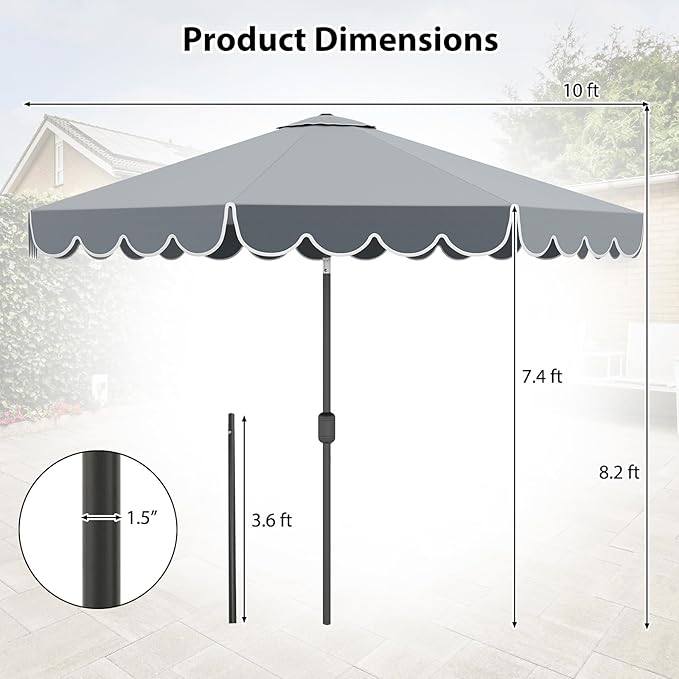 HAPPYGRILL 10 FT Patio Umbrella, Market Table Umbrella w/Crank, Push Button Tilt, Ruffled Edges, Vented Top & 8 Ribs, Outdoor Sun Shade for Poolside Backyard Beach