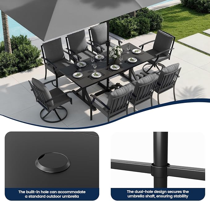 9 Piece Outdoor Dining Set for 8, Metal Patio Table and Chairs with Cushions, Patio Furniture Set with 2 Swivel Chairs, Rectangular Metal Dining Table with Umbrella Hole, Lawn Deck Yard-Grey