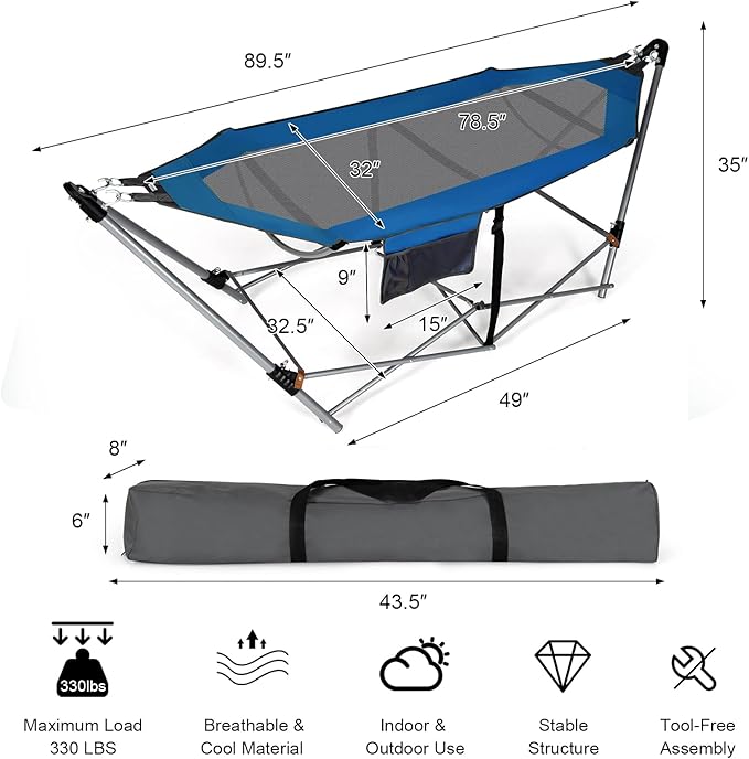 Portable Folding Hammock w/Side Pocket, Lounge Camping Bed w/Metal Stand & Anti-tip Buckles, Outdoor Camping Hammock with Carrying Bag for Patio Garden Yard, Easy Assembly (Blue)