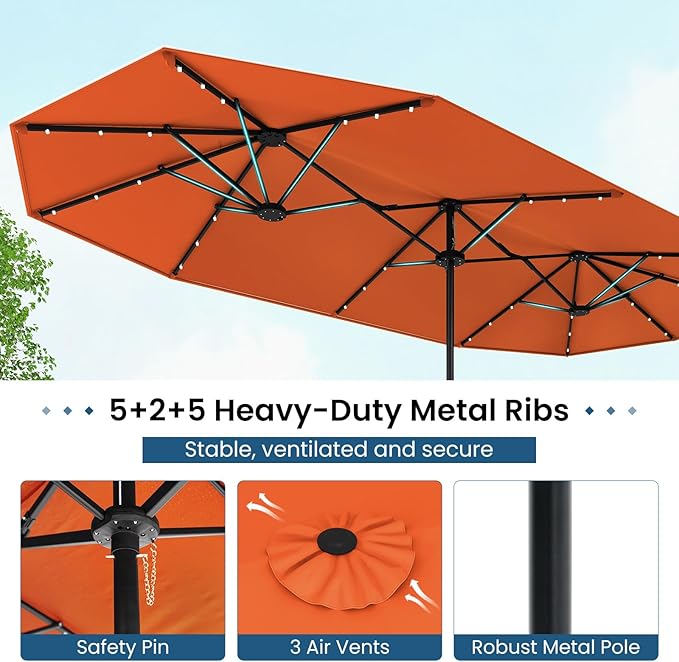 Tangkula 13FT Double-Sided Solar Patio Umbrella, Extra-Large Outdoor Twin Umbrella with 36 LED Lights, Vented Top, Crank Handle, 12 Ribs, Weighted Base Included for Backyard Poolside Deck (Orange)