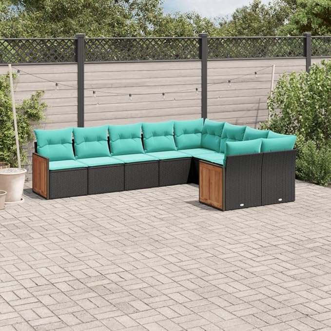 9 Piece Patio Sofa Set with Cushions, Patio Conversation Set Front Porch Furniture Outdoor Dining Sets Porch Furniture Set for Exhibition Piazza Garden Negotiation Area Black Poly Rattan