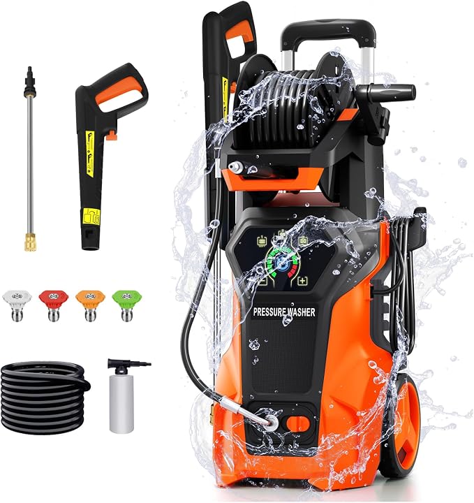 𝟓𝟎𝟎𝟎𝐏𝐒𝐈 𝐏𝐫𝐞𝐬𝐬𝐮𝐫𝐞 𝐖𝐚𝐬𝐡𝐞𝐫 Cleaner, Portable Car Washer with 4 Quick Connect Nozzles, Foam Cannon for Car Driveway Patio Fence (Orange)