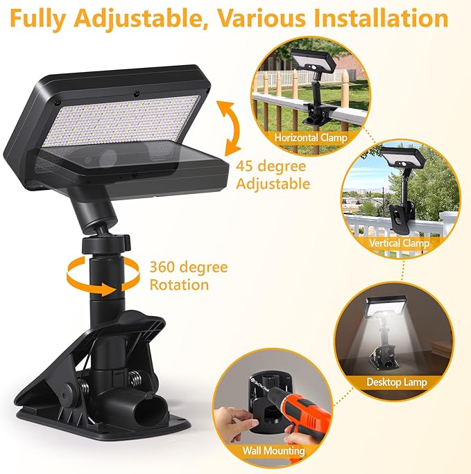 Clip On Solar Lights Outdoor with Motion Sensor, 360°Rotatable & Vertically Adjustable Solar Fence Lights with 92 LEDs (600 LM, 6000 K),IP65 waterproof Security light for deck, Gutter, Camping(4 Pack)